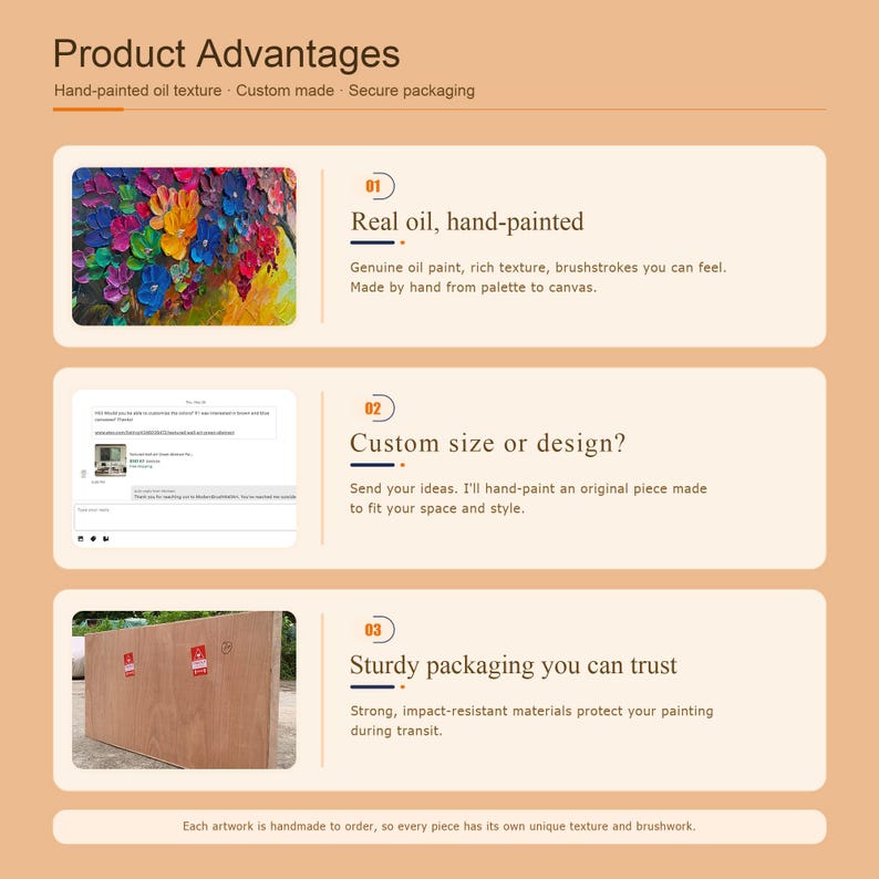 K&ouml;nnte beinhalten: Eine Infografik mit dem Titel Product Advantages, die drei Abschnitte enth&auml;lt. Abschnitt 01 zeigt ein farbenfrohes florales &Ouml;lgem&auml;lde. Abschnitt 02 zeigt eine digitale Chat-Oberfl&auml;che. Abschnitt 03 zeigt eine Holzkiste mit roten Warnaufklebern.