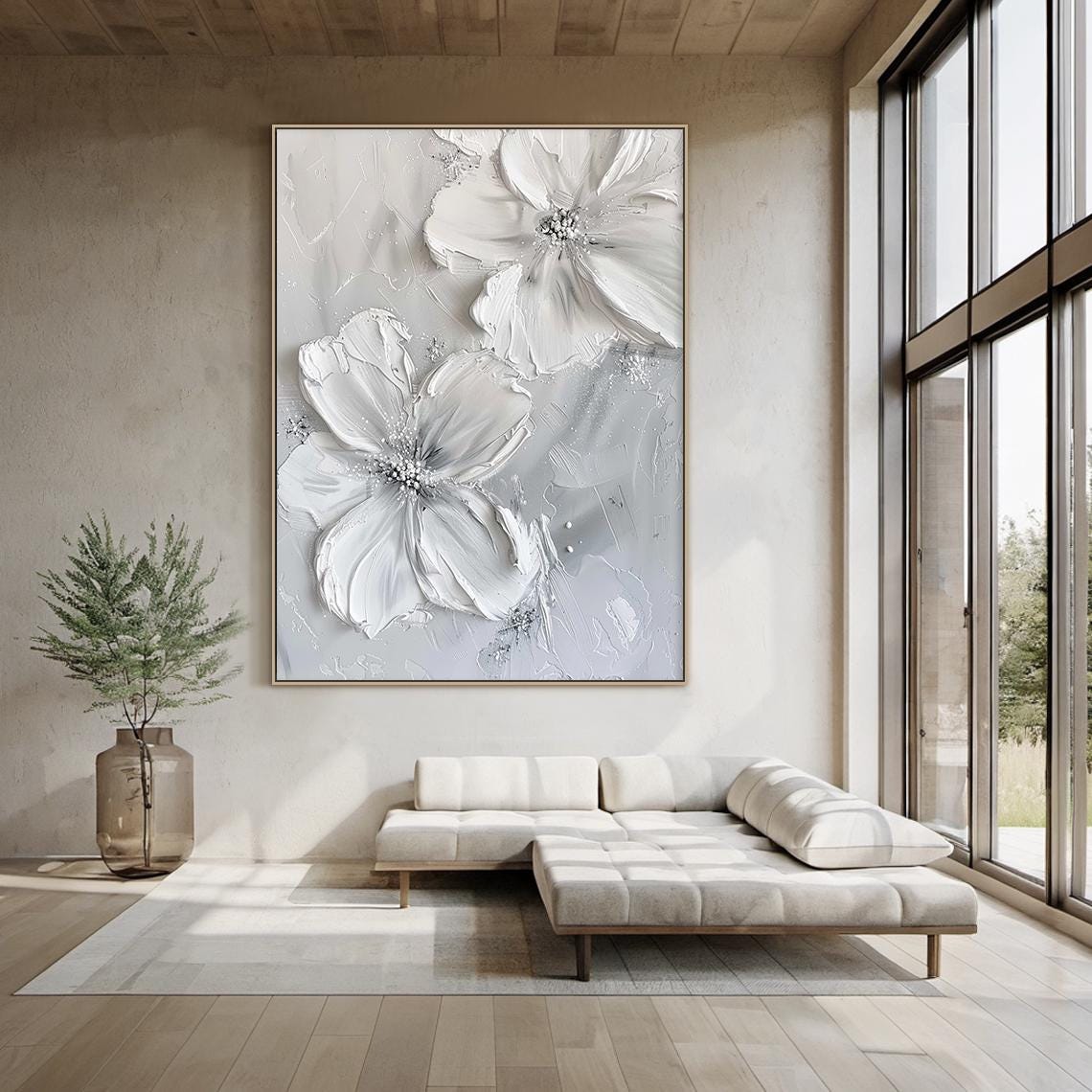 SYGALLERIER Quadro Floreale Su Tela – Fiori Bianchi Astratti, Moderno, 75x100 Cm, Pronto Da Appendere - 5