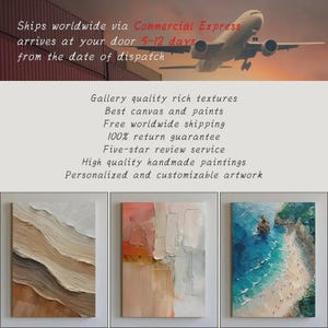 May include: Three rectangular canvas paintings featuring textured abstract and landscape designs. The left painting shows beige and brown waves, the center displays peach and grey blocks, and the right depicts a blue ocean with a sandy beach.
