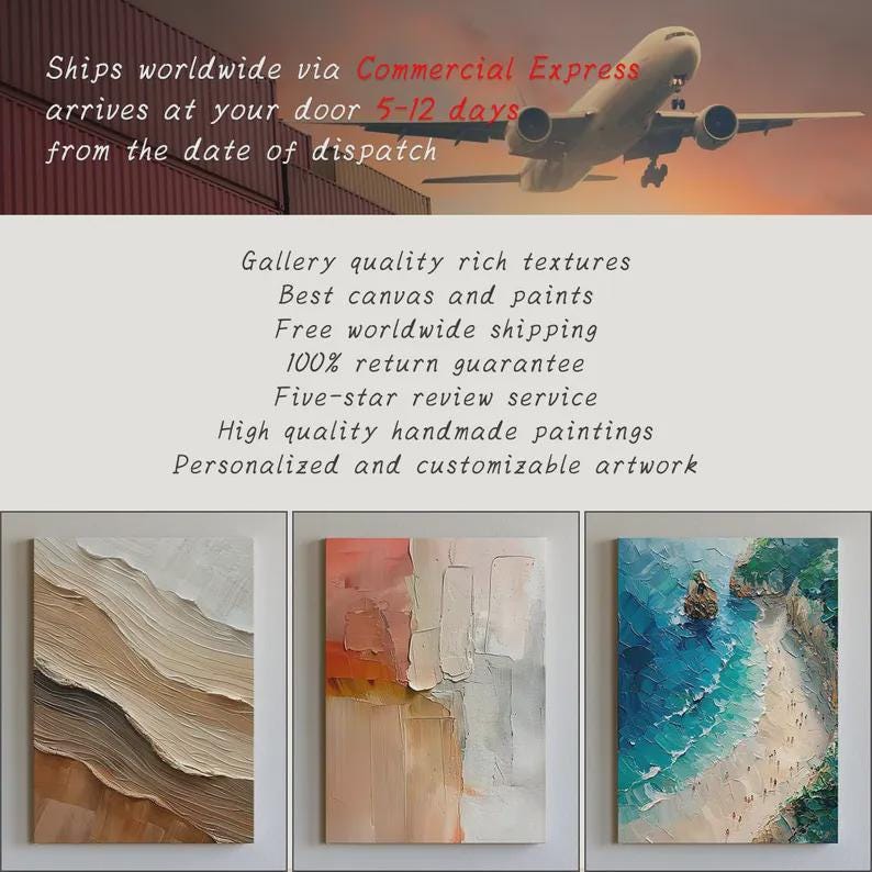 May include: Three rectangular canvas paintings featuring textured abstract and landscape designs. The left painting shows beige and brown waves, the center displays peach and grey blocks, and the right depicts a blue ocean with a sandy beach.