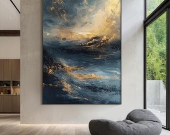 Großes abstraktes Ozean Gemälde mit Gold Textur, moderne tiefblaue Wand Kunst für Wohnzimmer oder Büro, handgemaltes Öl Kunstwerk