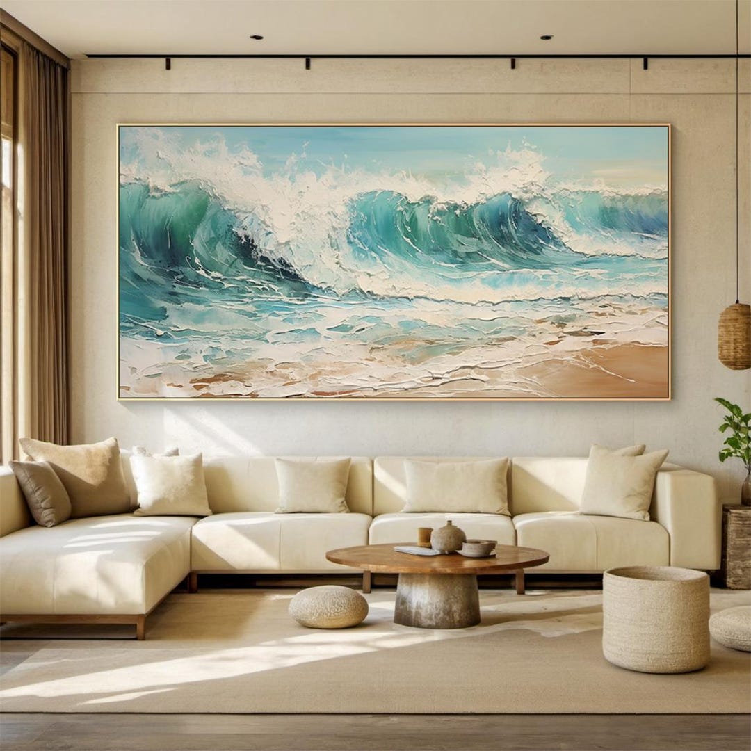 Abstract Ocean Wave Wall Art, Textured Oil Painting on Canvas, Blue and ...