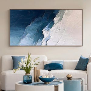Peinture océan minimaliste 3D sur toile Art mural texturé Vagues bleu blanc Art mural wabi-sabi Peinture pour salon Art déco tendance