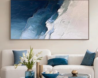 3D Minimalist Ocean Painting on Canvas Textured Wall Art Blue White Waves Art Wabi-Sabi Wall Art Living Room Painting Fashion Room Decor Art