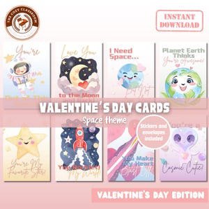 Cartes spatiales imprimables de la Saint-Valentin pour enfants, échange mignon dans une salle de classe spatiale, astronaute fusée, Saint-Valentin