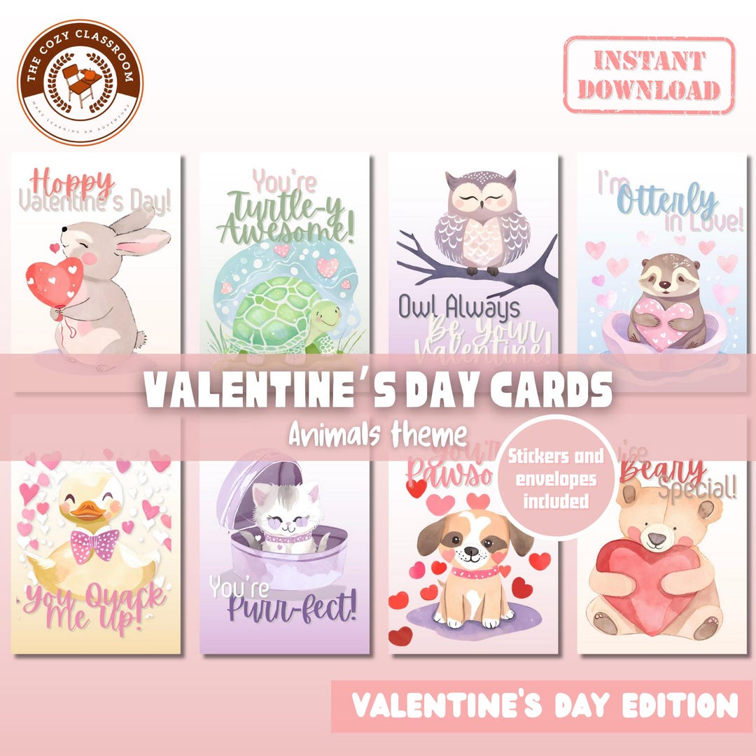 Printable Animal Valentine Cards Classroom Valentines Watercolor ...
