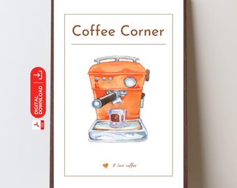 Cute Coffee Corner Wall Art, Printable Coffee Bar Decor, Kawaii Espresso Poster, Kitchen Coffee Station Print, Cafe Digital Download