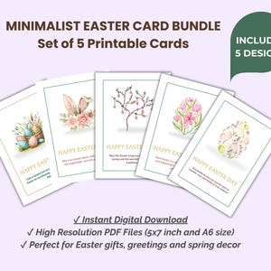 Happy Easter Cards – Set of 5 Floral Spring Easter Cards – Bloom, Egg & Bunny Theme – Pastel Easter Card Digital Download PDF -