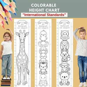 Safari Animal Coloring Height Chart, Kids Growth Ruler (PDF Downloadable, cm/inches)