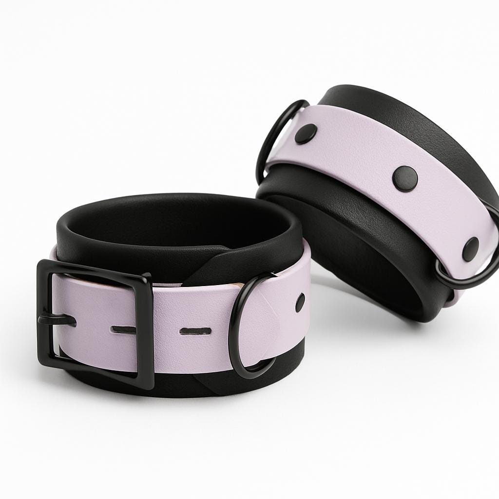 Locking BDSM Cuffs - Lavender & Black Vegan Biothane Restraints