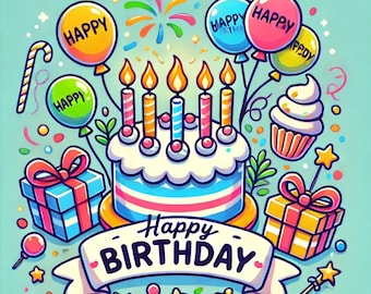 May include: A colorful illustration with a birthday theme. A frosted cake with lit candles is the centerpiece, surrounded by balloons, gifts, a cupcake, and a banner that reads "Happy Birthday". The image has a festive and celebratory feel.