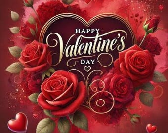 May include: A red heart with gold accents and the text "Happy Valentine's Day" surrounded by red roses and a watercolor background.