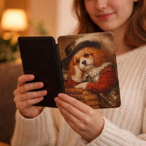 May include: Black e-reader case with a colorful illustration of a Cavalier King Charles Spaniel in historical attire. The dog is wearing a hat and resting its head on a stack of books. The case is open, revealing the screen.