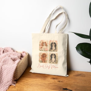Cavalier King Charles Spaniel Tote | Best Dog Mom Quartet | Mother's Day Gift | Cavalier Mom Floral Canvas Bag