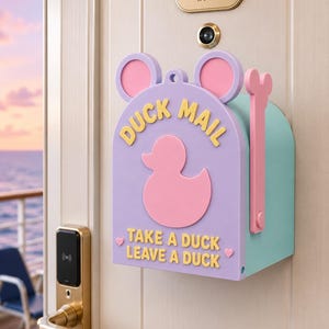 Peut inclure: Une boîte aux lettres lavande avec une silhouette de canard rose, du texte jaune indiquant DUCK MAIL et TAKE A DUCK LEAVE A DUCK, et deux petits cœurs roses. La boîte comporte deux oreilles arrondies sur le dessus et un levier rose en forme d'os.