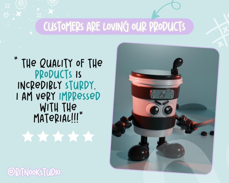 Op de afbeelding: Een cartoonachtige koffiebeker-personage in zwart en wit, met een strenge uitdrukking en een zwaard. De afbeelding bevat de tekst "CUSTOMERS ARE LOVING OUR PRODUCTS" en een klantbeoordeling.