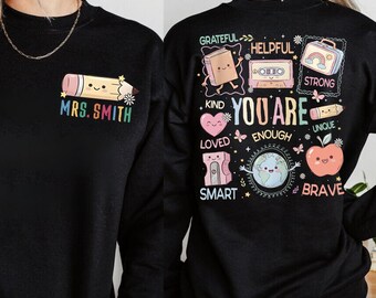 You Are Enough Teacher Sweatshirt, Personalized Teacher Sweatshirt, Retro Teacher Hoodie, Positive Sweater, Teacher Appreciation Gift