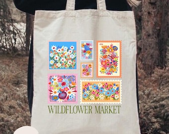 Wildflower Market Tote Bag, Postage Stamps Tote Bag, Boho Floral Tote, Gift For Women, Floral Gift Bag, Botanical Tote Bag, Mothers Day Gift