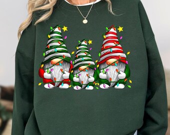 Sudadera navideña de gnomos, sudadera con gnomos adorables, luces navideñas de gnomos, regalos navideños para mujer, sudadera con capucha para amantes de los gnomos, feliz Navidad