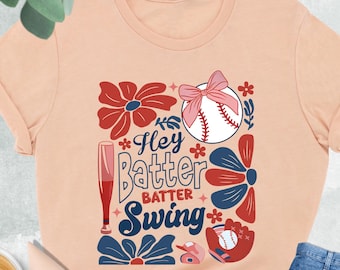 Boho Baseball Shirt, Hey Batter Batter Swing Shirt, Coquette Baseball Shirt, Baseball Lover Gift, Floral Baseball Mom Tee, Game Day Baseball