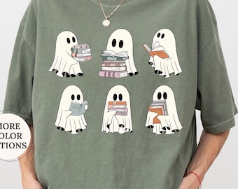 Comfort Colors® Ghost Reading Books Halloween Shirt, Womens Halloween Shirt, Ghost Reading Shirt, Bookish Ghost Tee, Bookish Halloween Shirt