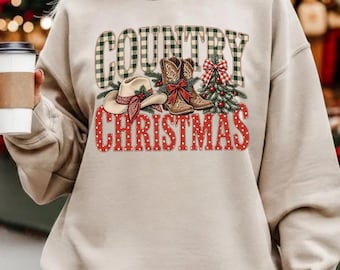 Country Christmas Sweatshirt, Cowgirl Boots Christmas Sweater, Western Holiday Hoodie, Cowboy Hat Sweater, Xmas Party, Festive Season Gift