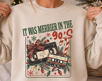 It Was Merrier In The 90s Sweatshirt, Christmas Cassette Tape Sweatshirt, Merry Christmas Gift, Womens Xmas Hoodie, Holiday Season Gift