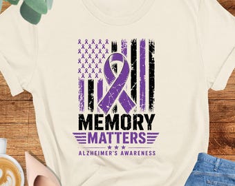 Memories Matter Shirt, Alzheimer’s Awareness Tshirt, USA Flag Purple Ribbon Tee, Dementia Support Shirt, Alzheimer Warrior Tee, Fighter Gift