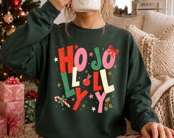Holly Jolly Sweatshirt, Colorful Christmas Sweater, Preppy Xmas Sweater, Woman Holiday Hoodie, Candy Cane Sweater, Girly Christmas Gift