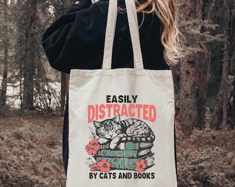 Easily Distracted By Cats and Books Tote Bag, Bookish Cat Gifts, Book Lover Bag, Bookworm Tote Bag, Cat Owner Gift, Reader Tote, Library Bag