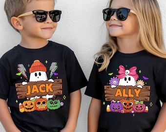 Custom Name Ghost Toddler T-Shirt, Kids Halloween Ghost Shirt, Toddler Halloween Shirt, Ghost with Pumpkins Shirt, Retro Halloween Tee