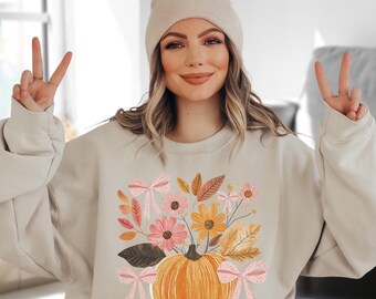 Fall Floral Pumpkin Coquette Sweatshirt, Pumpkin Patch Hoodie, Pumpkin Lover Gift, Women Fall Sweater, Trendy Fall Sweats, Autumn Gift