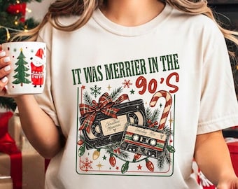 Comfort Colors® It Was Merrier In The 90s Shirt, Christmas Cassette Tape Shirt, Nostalgic Christmas Tee, Girly Xmas Gifts, Women Holiday Tee