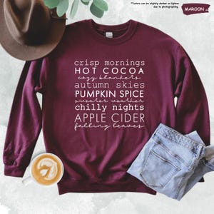 a red sweatshirt with the words, pumpkin spice, apple cider, hot cocoa