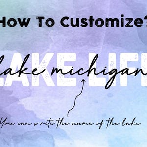 May include: A watercolor-style graphic with text that reads "How To Customize?" and "Lake Michigan" in a stylized font. Below, it says "You can write the name of the lake."