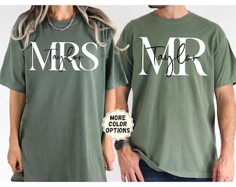 Comfort Colors® Personalized Mr. And Mrs. Shirts, Husband and Wife Shirt, Custom Wifey Hubby Shirt, Couple Matching Tee, Honeymoon Gifts