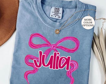 Comfort Colors® Preppy Custom Name Bow Shirt, Girly Coquette Bow Shirt, Personalized Name Women's T-shirts, Pink Bow Shirt, Shirt for Women
