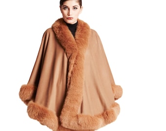 Luxury Cashmere Ponchos for Women with Fox Fur Trim-Womens Cape Coat-Cape-Coat-Fox-Fur-Cashmere-Wool-poncho-shrug-capelet-blanket-ruana