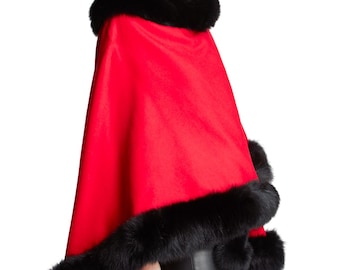 Luxury Women’s Cashmere Cape Coat – Pure Cashmere Wool with 4–6 Inch Fox Fur Trim – Fully Lined Elegant Winter Wrap