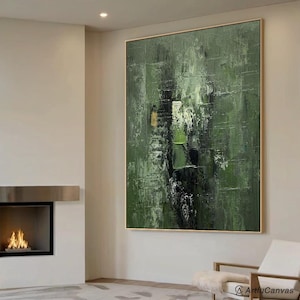 Green Abstract Painting, Green Painting Room Decor, Green Wabi-Sabi, Landscape Abstract Art, Dark Green Canvas Painting, Minimalism Wall Art