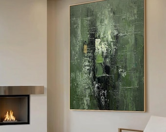Green Abstract Painting, Green Painting Room Decor, Green Wabi-Sabi, Landscape Abstract Art, Dark Green Canvas Painting, Minimalism Wall Art