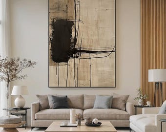 Pintura de textura preta bege sobre tela Wabi Sabi Arte de parede Arte de parede minimalista bege para sala de estar Arte de textura preta Arte de parede neutra emoldurada