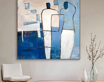 Abstract Blue Oil Painting  Large Textured Canvas Art  Modern Minimalist Wall Decor  Contemporary Artwork for Living Room Home Design