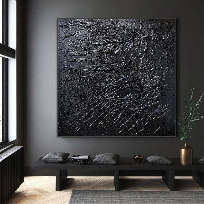 Black Abstract Oil Painting Thick Impasto Textured Art Modern Black ...