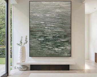 Handmade grey-green thick texture abstract oil painting | Minimalist modern wabi-sabi style decorative painting | Large size art mural