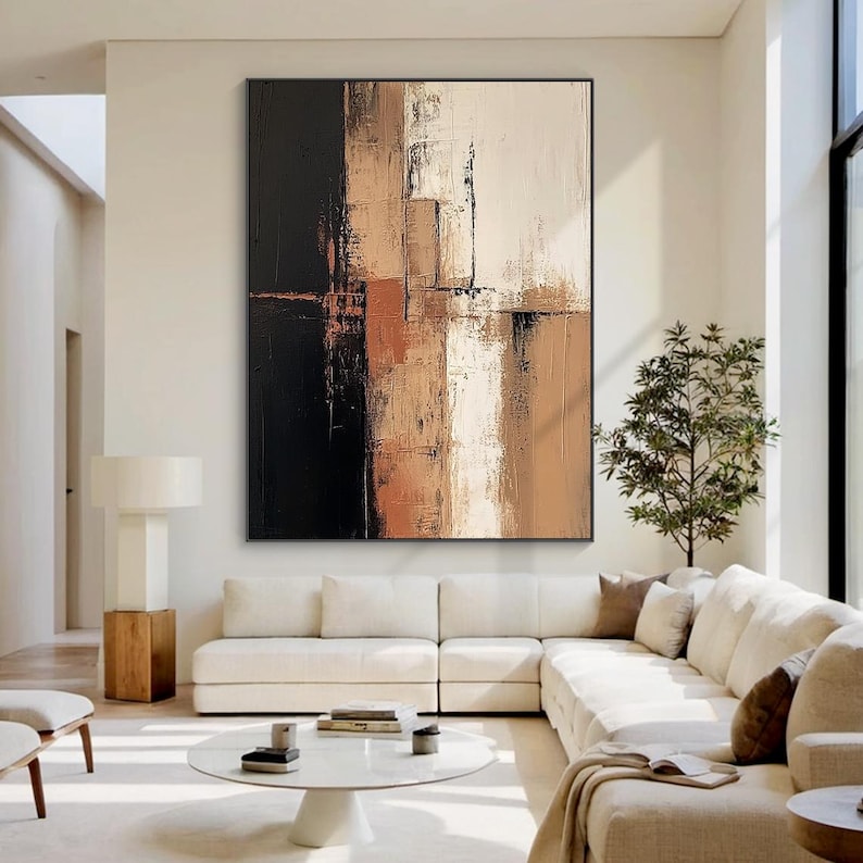 Abstract Neutral Wall Art, Black Brown Beige Large Canvas Painting ...