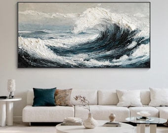 Textured Ocean Wave Oil Painting, Blue Sea Wave with White Foam, Modern Abstract Nature Art, Large Coastal Wall Art for Living Room