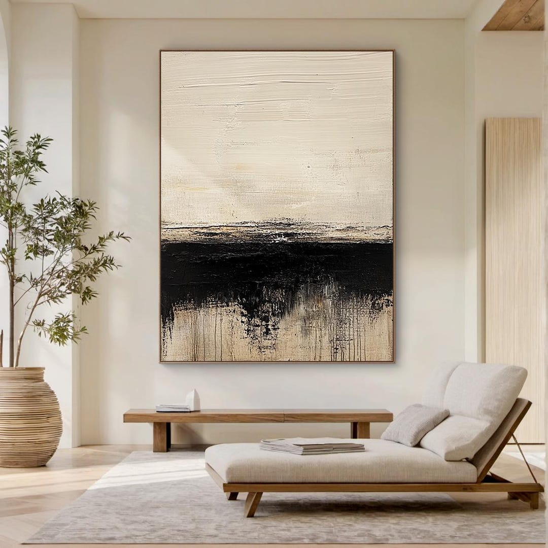 Wabi-sabi Minimalist Wall Art, Large Beige and Black Abstract Painting ...