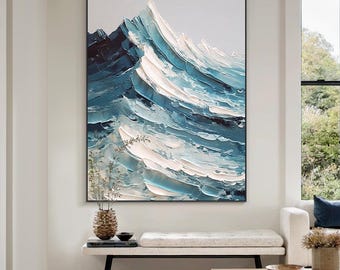 Abstract Ocean Wave Oil Painting, Large Textured Canvas Wall Art, Handmade Blue White Minimalist Painting for Living Room Decor