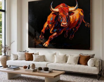 Large Bull Painting, Powerful Charging Bull Art on Black, Textured Palette Knife Animal Wall Decor for Living Room